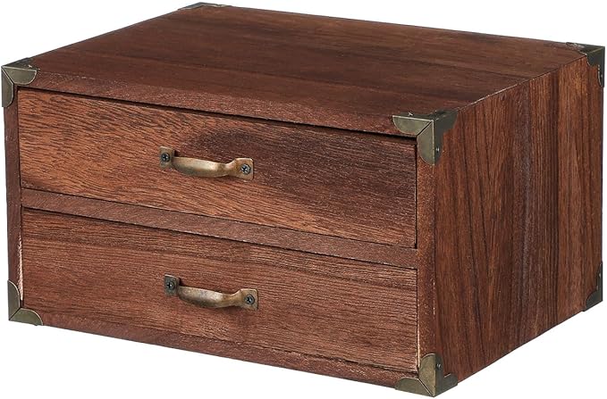 Zerodeko Vintage Wooden Drawer Storage Cabinet with 2 Drawers Compact Desktop Organizer for Office Supplies Makeup Jewelry and Home Storage 9.44X7.08X5.11 Inches