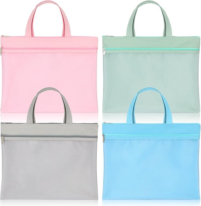PerKoop 4 Pcs 11x13.7 Inch Mesh Zipper Pouch with Handle, Waterproof Student Book Pouch Bags, Large Classroom File Organizers, A4 Foldable Document Storage Bag for School Office Supplies, 4 Colors