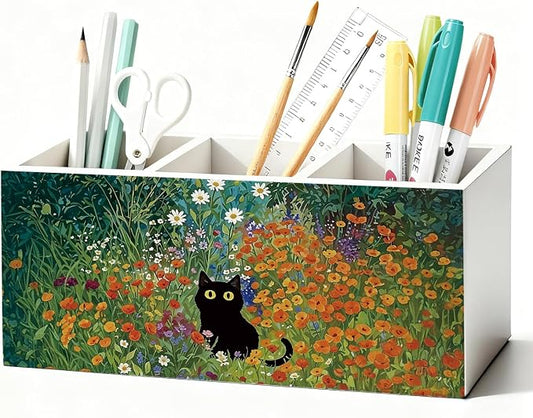 Black Cat Pen Pencil Holder for Desk, Black Cat Mom Lady Lovers Gifts for Women, Pet Lover Gifts, Cottagecore Wildflower Kitten Wooden Box Sign Decorations for Home Office Desk Tabletop