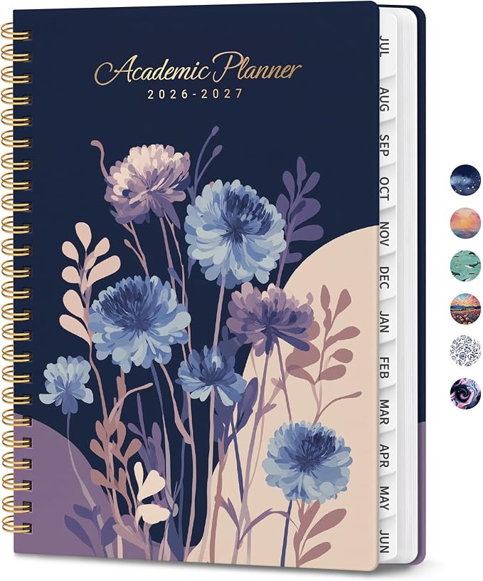 Planner 2026-2027, Monthly and Weekly Calendar Academic Planner July 2026 - June 2027, Hardcover Student Teacher Planning Agenda Book with Tabs, Perfect for Office School Supplies, A5 (6.3" x 8.5") - Midnight Blooms