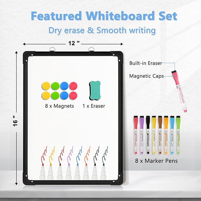 Double-Sided White Board, 16" x 12" Black Dry Erase Board Small Whiteboard for Wall Magnetic Hanging White Board Dry Erase for College Dorm Room, School, Home, Office