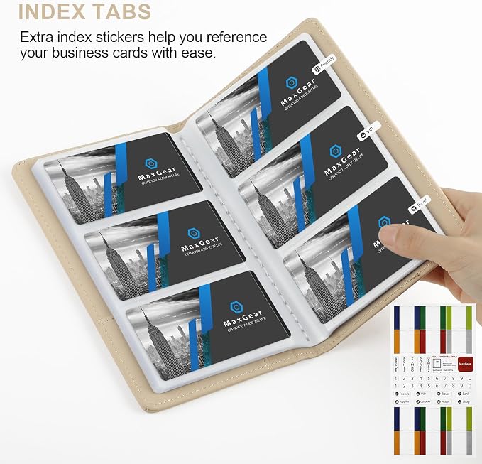 MaxGear Business Card Organizer Book, Holds 240 Cards, Portable PU Leather Business Card Holder with Clear Sleeves, Professional Card Binder for Office, Meetings, Networking, Off-white