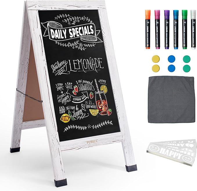 Large Sandwich A-Frame Chalkboard Sign - 40 x 20 Inches Magnetic Wooden Chalk Board for Sidewalk, Stand up Double-Sided Outdoor Easel Display for Restaurant Cafe Shop Wedding Party or Business（White）