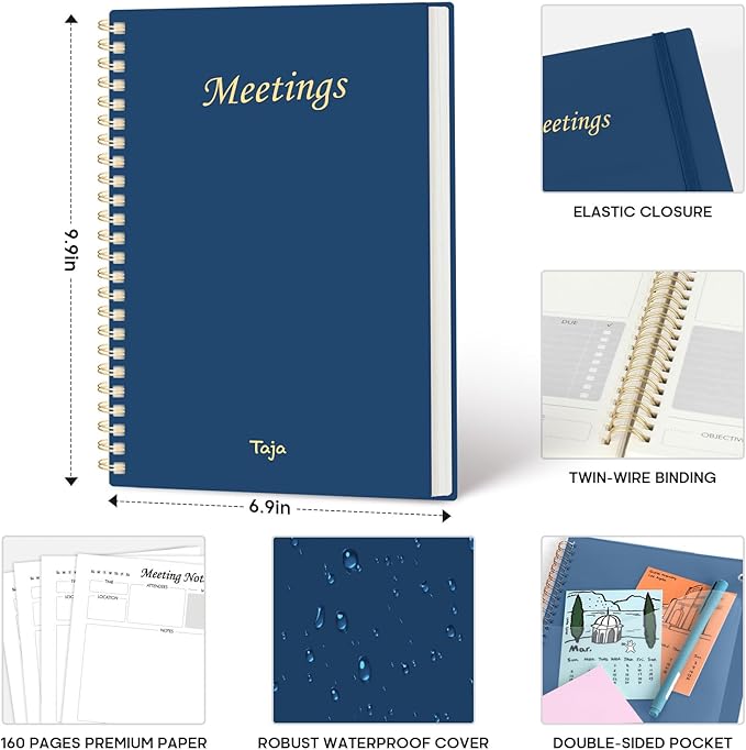 Taja Meeting Notebook for Work Organization - Work Planner Notebook with Action Items, Agenda Planner for Note Taking, 160 Pages (6.9" X 9.9") Project Organizer for Men & Women - Navy Blue