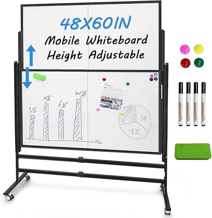 60x48 Inch Large Rolling Dry Erase Whiteboard | Height Adjustable Standing Easel with Wheels | Magnetic Double-Sided Board for Office, Home & Classroom | Teaching Supplies