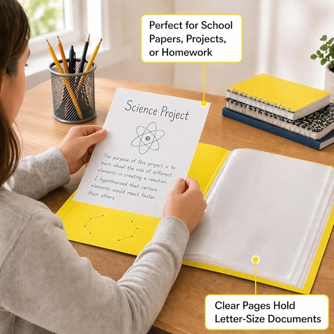 Ultra PRO - 50 Pack Yellow Heavy Duty 2-Pocket Folders with 6 Clear Internal Pages, Waterproof Poly Project Organizer for School and Office, Fits 8.5 x 11 Letter Size, Customizable Clear Covers