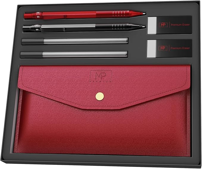 Mr. Pen- 0.5mm Metal Mechanical Pencil Set with Lead Refills & Erasers, 2 Pack, 2x Tubes Lead Refill, 2x Erasers, Red Faux Leather Pencil Case for School Supplies, Note Taking, Drawing, Sketching