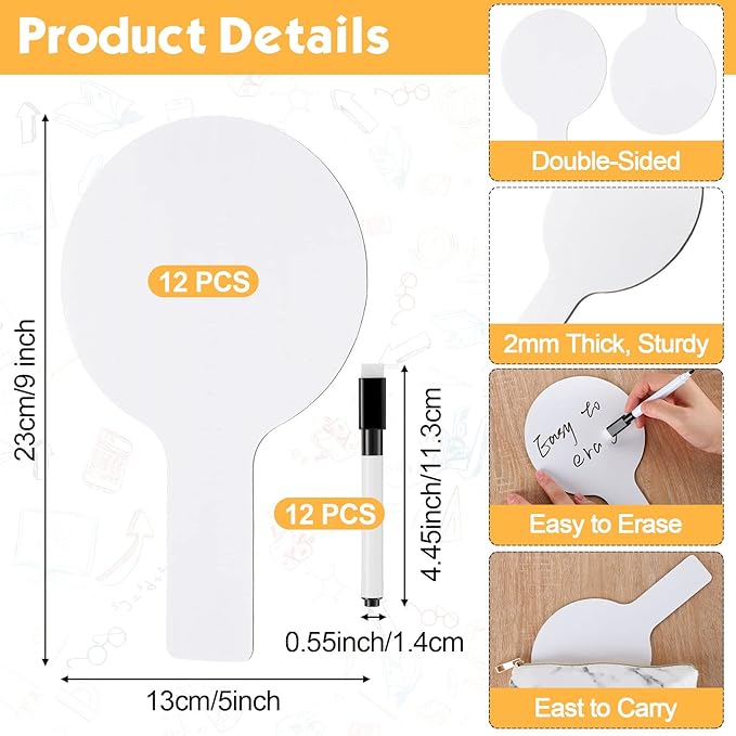 12 Sets 5x9 Inch Answer Dry Erase Paddles and 12 Black Marker Set Handheld Small Dry Erase Board Double Sided Auction Paddles Handheld Whiteboard for Classroom Voting Answering Auction Bidding