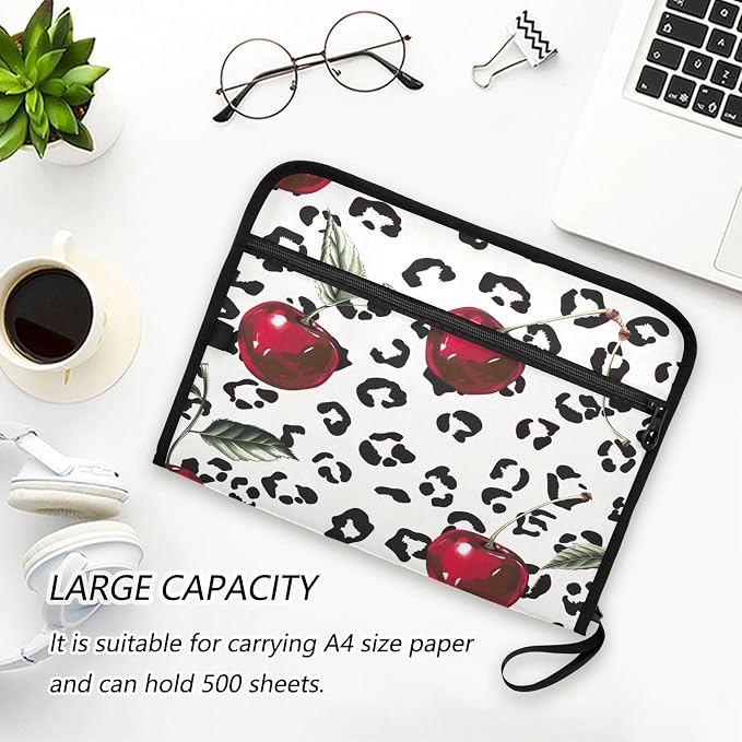 ALAZA Cherry Leopard Spots Expanding Filing Folder, 13 Pockets Expandable Document Organizer Folder with Zipper Closure for Home Office A4 Letter Size Paper Document