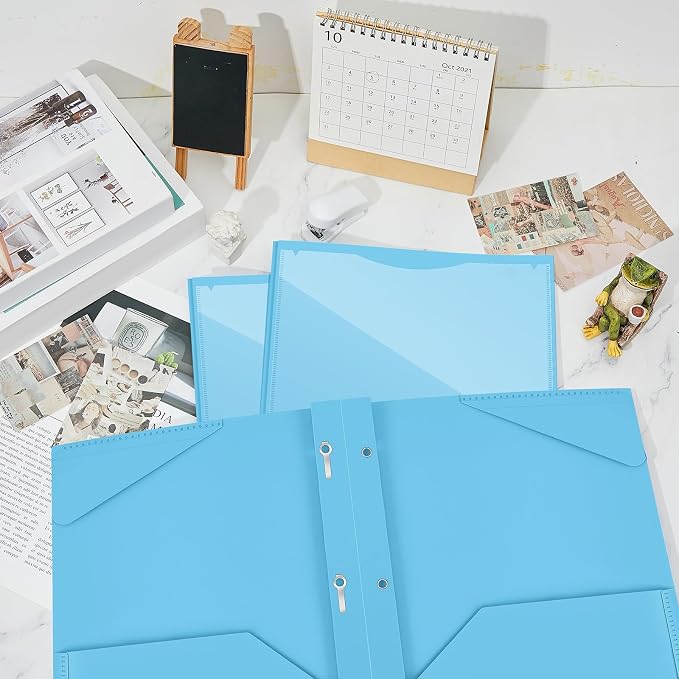 Henoyso 18 Pcs Plastic Folder with Clear Front Pocket and 3 Prong Plastic Folders with Card Slot Pocket Folders with Prongs for School Office (Light Blue)