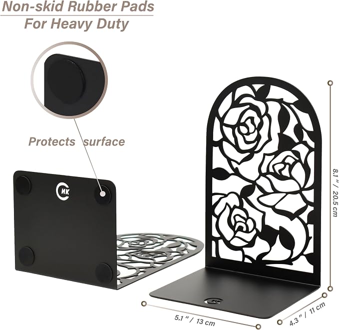 CNK Premium BookEnds - Heavy Duty Metal Book Stoppers for Home Office, Decorative Book Shelf Holders (Rose Black)
