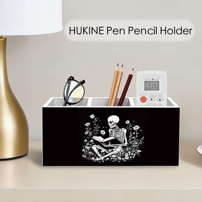 Gothic Skeleton Bookish Pen Holder for Desk Decoration, Witchy Gothic Skull Reading Book Wooden Box Sign Pencil Holder Organizer for Home Office Desk Accessories, Book Lover Gifts