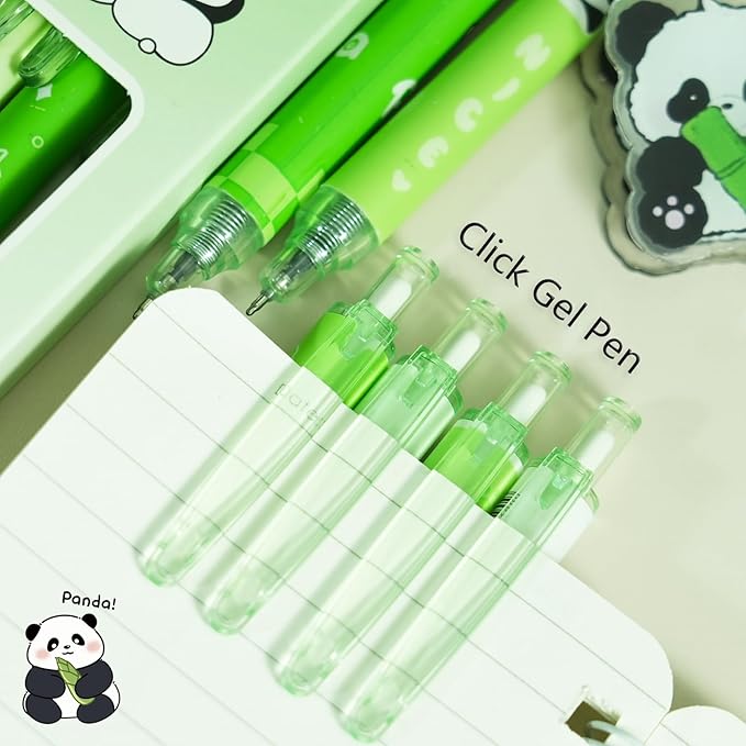 12 Pcs Cartoon Retractable Gel Ink Pens, 0.5mm Fine Tip Black Ink Cute Panda Pen Set, Ideal for Office, School, Women & Men (Black Ink - Panda)