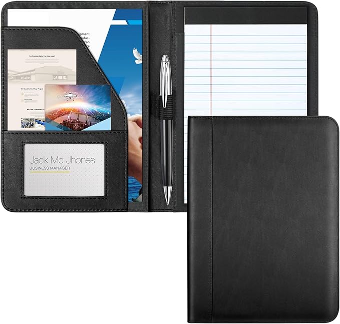 Portfolio/Business Padfolio Binder, Mini Size Document Folder Organizer, Padfolio with Interior Pocket and Pen Loop, 5 x 8 Writing Pad Included, Black