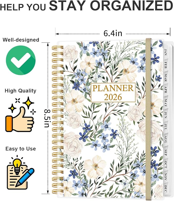 Planner 2026 - Weekly & Monthly Planner from January 2026 to December 2026, Agenda 2026 with Inner Pocket, Elastic Band, 6.4" x 8.5", Crushed Flower