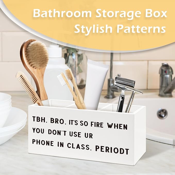 Funny Classroom Pen Pencil Holder, Funny No Phone Sign Desk Accessories, Classroom Rules Wooden Pen Pencil Organizer for Middle High School Office Learning Room Desk Decor