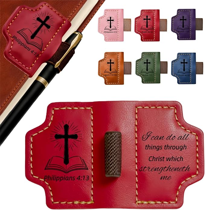 MOTEERLLU Bygone Mark Personalized Magnetic Leather Bookmark Pen Holder, Christian Gifts, Inspirational Bible Book Marks for Reading Women, Men, Teachers, Book Lover(Red Philippians 4:13)