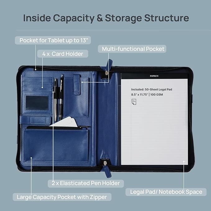 Premium Leather Zippered Padfolio for Professionals | Sleek Executive Organizer for Notepad, Cards, Documents | Ideal Business Portfolio for Interviews, Conferences, and Daily Use