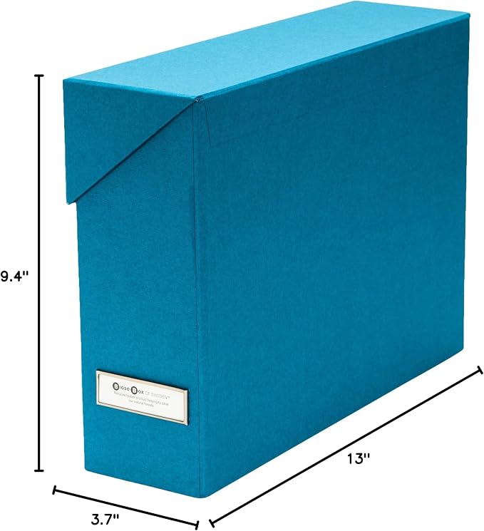 Bigso Lovisa Fiberboard Label Frame 12 File Storage Box | Document Organizer for Important Paperwork | Durable Hanging File Box with a Flip Top Lid & Metal Label Window | 3.7” x 13” x 9.4” | Turquoise