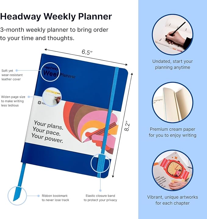 Headway 2026 Planner, 3-Month Leather Soft Cover Calendar Planner for Women, 8.2" x 6.5", Agenda & To-Do List Book with Bookmark, Undated Daily & Weekly Pages, Organizer for School Home Office, Blue