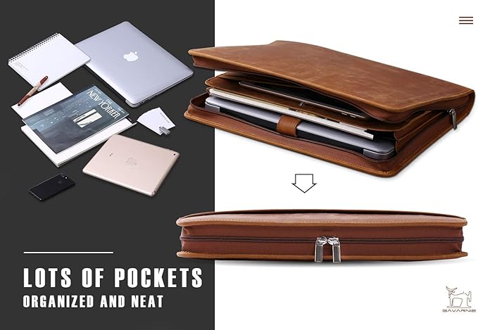Genuine Leather Business Portfolio Padfolio Folder with Zipper for Men, Men's Leather Padfolio Folder for 13" Laptop, Business Portfolio for Letter Size Notepad, Graduation Gift，Brown