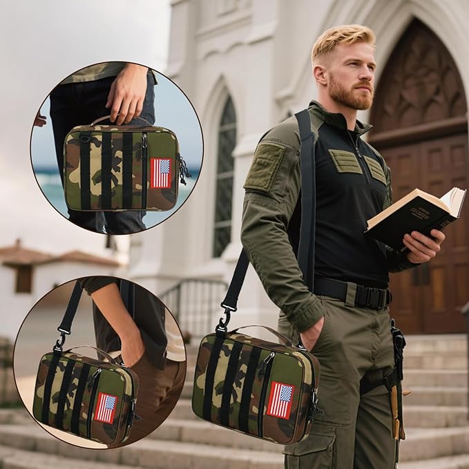 ATRIPACK Tactical Bible Cover For Men,Large Bible Case With Shoulder Strap,Water-Resistant Book cover With Handle,Multi-Functional Carrying Bible Holder Bag For Church,Study,Spiritual