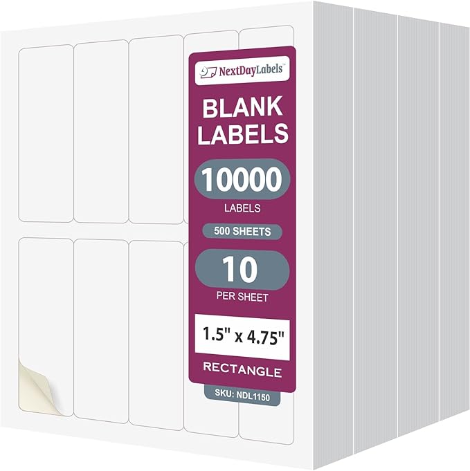 NextDayLabels 1.5x4.75 Inch Rectangle Stickers White Blank Labels for Laser Inkjet Printer - 10 Per Sheet Self-Adhesive Unique Size Label Made in USA - 10,000 Labels