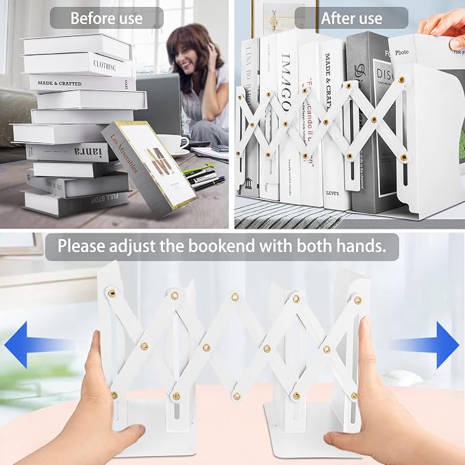 2PCS Carooyac Heavy Duty Bookends to Hold Books - Adjustable Metal Bookends for Shelves - White Book Holders - Extends up to 19