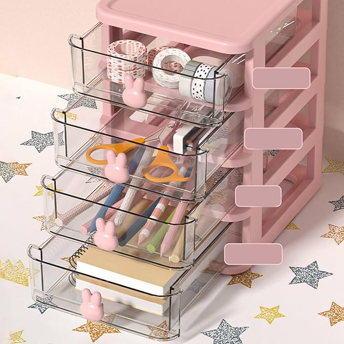 Plastic Desktop Storage Box Drawers, Stackable Desk Organizer with Bunny Handle Desktop Drawers Multi Tier for Office School(Clear) (Pink)