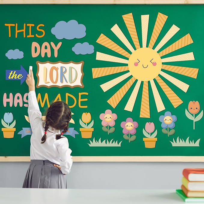 Fuyoooo 150 Pcs Spring Christian Bulletin Board Set Sunday School Bulletin Board Inspired Religious Classroom Decoration for Teacher Sunday School VBS Bible Church Summer Wall Decor(Boho Color)