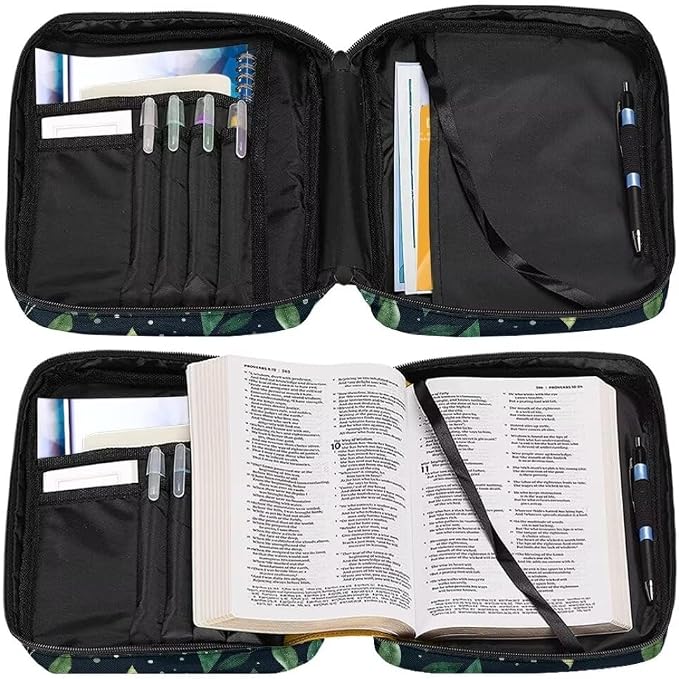 Coldinair Green Leaf Bible Covers for Women Carrying Book Bible Case Church Bag Bible Protective with Handle & Zippered Pocket