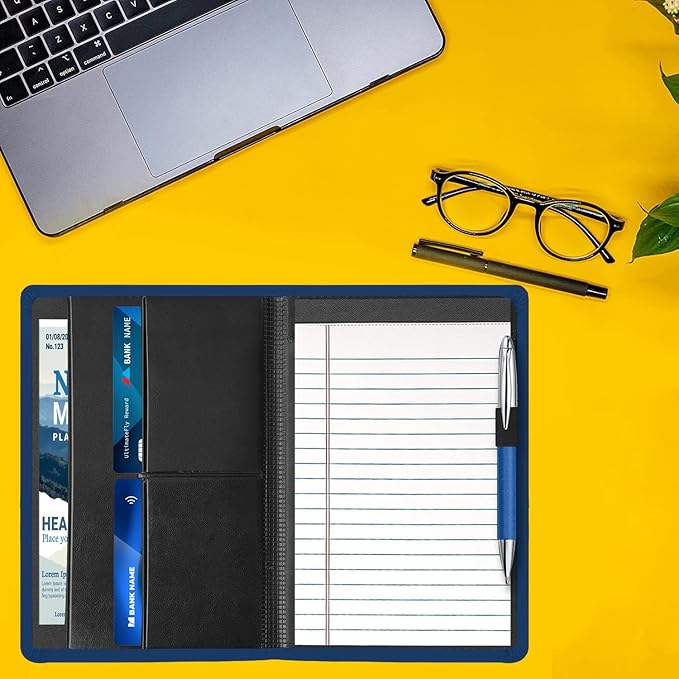 A5 Padfolio Business Portfolio Folder,Junior Size Document Folder Organizer, Padfolio with Interior Pocket and Pen Loop, 5 x 8 Writing Pad Included, Navy Blue