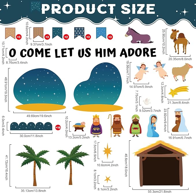 Justforjoyful Religious Christmas Bulletin Boards Christian Nativity Scene Bulletin Board Decorations Set Jesus Birth Bible Classroom Decor Paper Border Cutout for Sunday School Church Chalkboard Wall