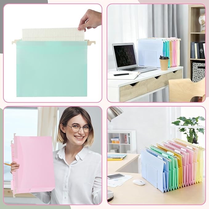 8Pack Plastic 4 Inch Expanding Extra Capacity Hanging File Folder Heavy Duty Letter Size Filing Cabinet Organizer Accordian Pocket for Legal Office Files Document (Pastel)