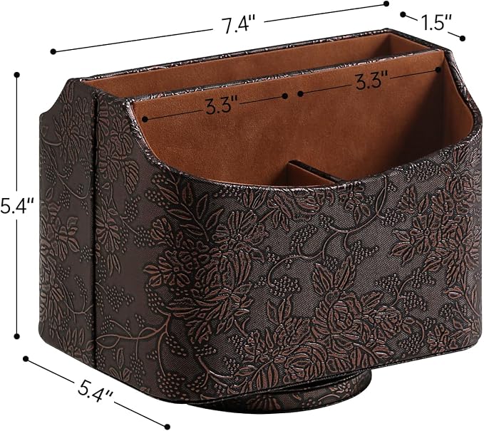 PU Leather Remote Control Holder, 360 Degree Rotating Desk Organizer Luxury Desktop Storage Rack, Rotating Bedside Storage Box for Desktop Office Living Room Bedroom (Brown Grape Pattern)