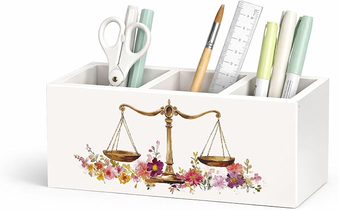 Law Desk Organizer Wooden Pen Pencil Holder for Desk, 3 Compartments Office Accessories, Justice Scale Lawyer Theme Decor, Legal Office Table Storage Organizer for Women Men