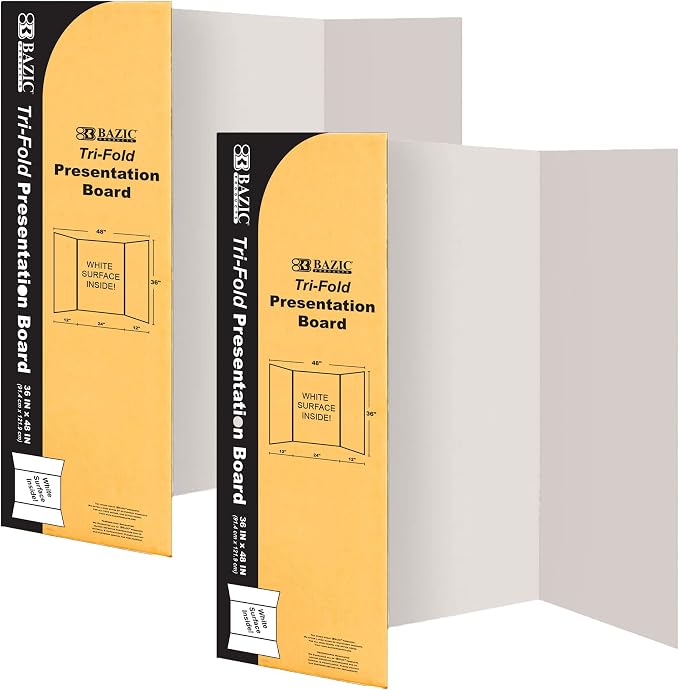 BAZIC Products White Tri-Fold Presentation Board, 36 x 48 in, Corrugated, for Science Fair Displays, 2 Pack