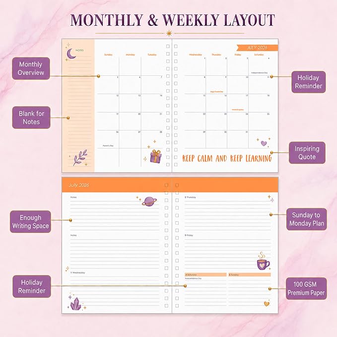 CAGIE Planner 2026-2027 18 Month July 2026-Dec 2027 Weekly and Monthly Calendar Planners Yearly Daily Hardcover 26-27 Planner for Women with Stickers Tabs Spiral Bound Agenda, Purple Marble, 8.3"x9.1