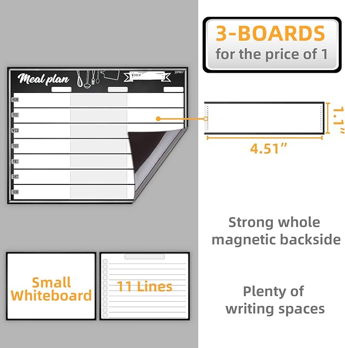 JJPRO Magnetic Dry Erase Meal Planning Whiteboard for Refrigerator-One 14.5x11 Weekly Menu Board and Two Notes Whiteboard for Kitchen Fridge-Refrigerator Organizer with Meal Planner Boards