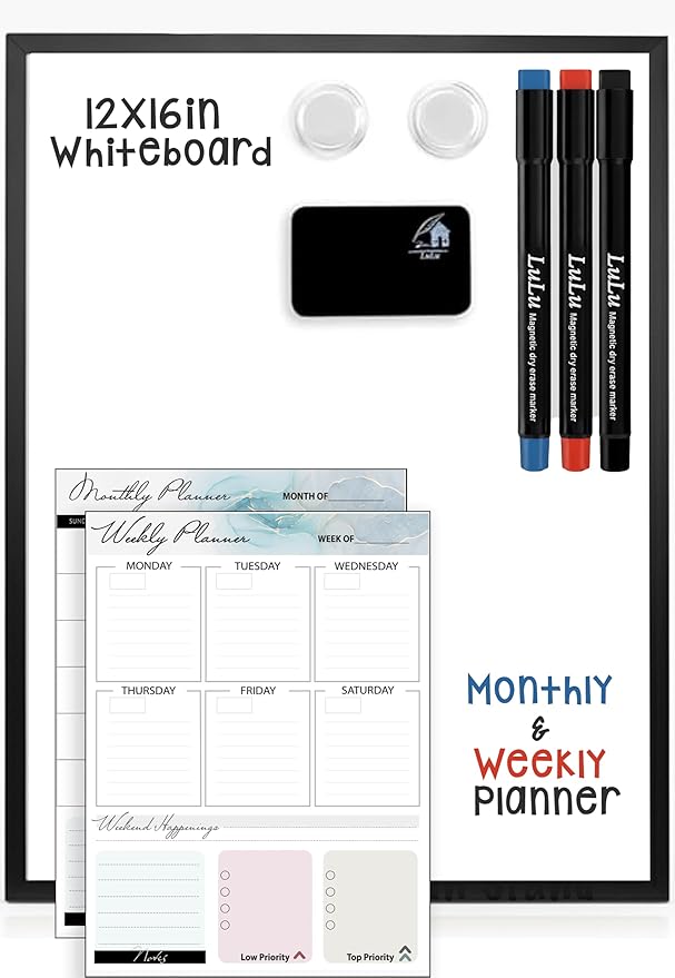 12x16 Magnetic Whiteboard with Stand – Includes Weekly & Monthly Planner Sheets – Desktop Dry Erase Board with Black Frame, 3 Markers, Eraser, Magnets & Wall Mount Kit