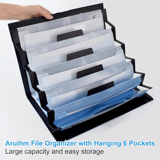 Wall File Organizer 6 Pocket, Hanging Wall File Organiser for Classrooms and Offices, 6 Removable Poly Hanging File Folders Black/Blue