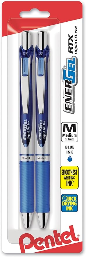 Pentel EnerGel Deluxe RTX Retractable Liquid Gel Pen, 0.7mm, Metal Tip, Blue Ink, 2 Pack (BL77BP2C)