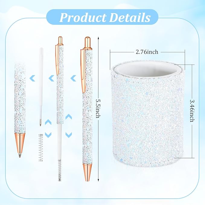 Bling Sequin Pen Holder with 6 Pcs Sequin Click Pens Cute Glitter Retractable Ballpoint Pens, Pencil Cups for Desk Organizer Makeup Brush Holder for Women Girls Classroom Offices(White)