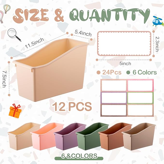 Geetery 12 Pcs Book Bin for Classroom with Labels Stackable Plastic Organizing Bins 11.5 x 5.4 x 7.5 in Book Holders Storage Bins Box Baskets for Classroom Library Home (Terrazzo Color)