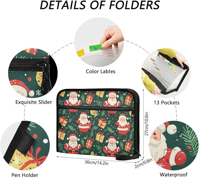 File Folders Santa Claus Gifts and Christmas Green Plastic Folders with 13 Pockets, Expandable File Folder for Documents School Students Office, Aesthetic Folder with Labels A4 Letter Size