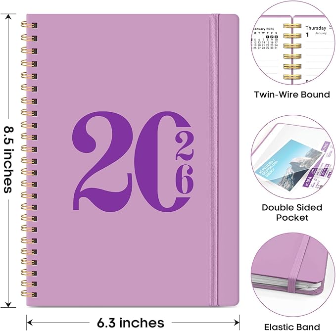 2026 Planner, Weekly and Monthly Calender Planner, Jan 2026 to Dec 2026, Hardcover 2026 Calendar Book with Tabs & Inner Pocket, Office Home School Supplies for Women & Men - A5 (6.3" x 8.5"), Boho Purple