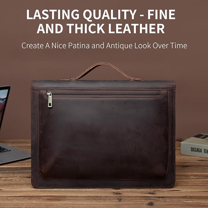 YIWEN Handmade Leather Portfolio with Handle – Zippered Front Pocket, Clip for Letter Size Notepad, Business Travel Padfolio