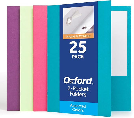 Oxford 2 Pocket Folders with Prongs, 25 Pack, Assorted Bright Colors, Made in the USA, Fits 100 Letter Size (8.5" x 11") Sheets, Durable Paper Folders for School, Office, and Home