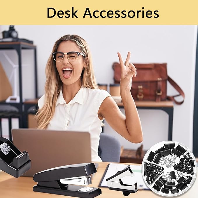 Office Supplies,Black Desk Accessories,Office Supplies Set,Stapler and Tape Dispenser Set,Scissors,Staple Remover,Binder Clips,Staples,Ballpoint Pen,Index Tabs with Ruler,Clear Tape.9pcs for Office