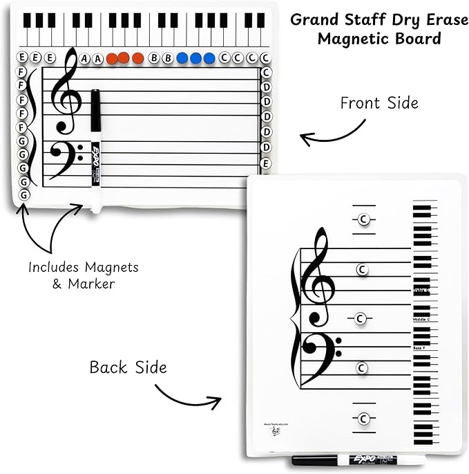 Kits Grand Staff Dry Erase Magnetic Music Theory Board with 35 Note Magnets and Marker (9 x 11.5 Inches) - Piano Teaching Tool, Music Staff Whiteboard, Keyboard Practice Aid
